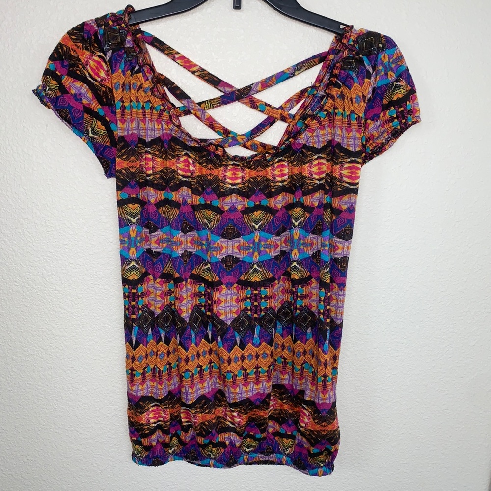 Tribal Print Shirt With Cross Back Sinched Waist